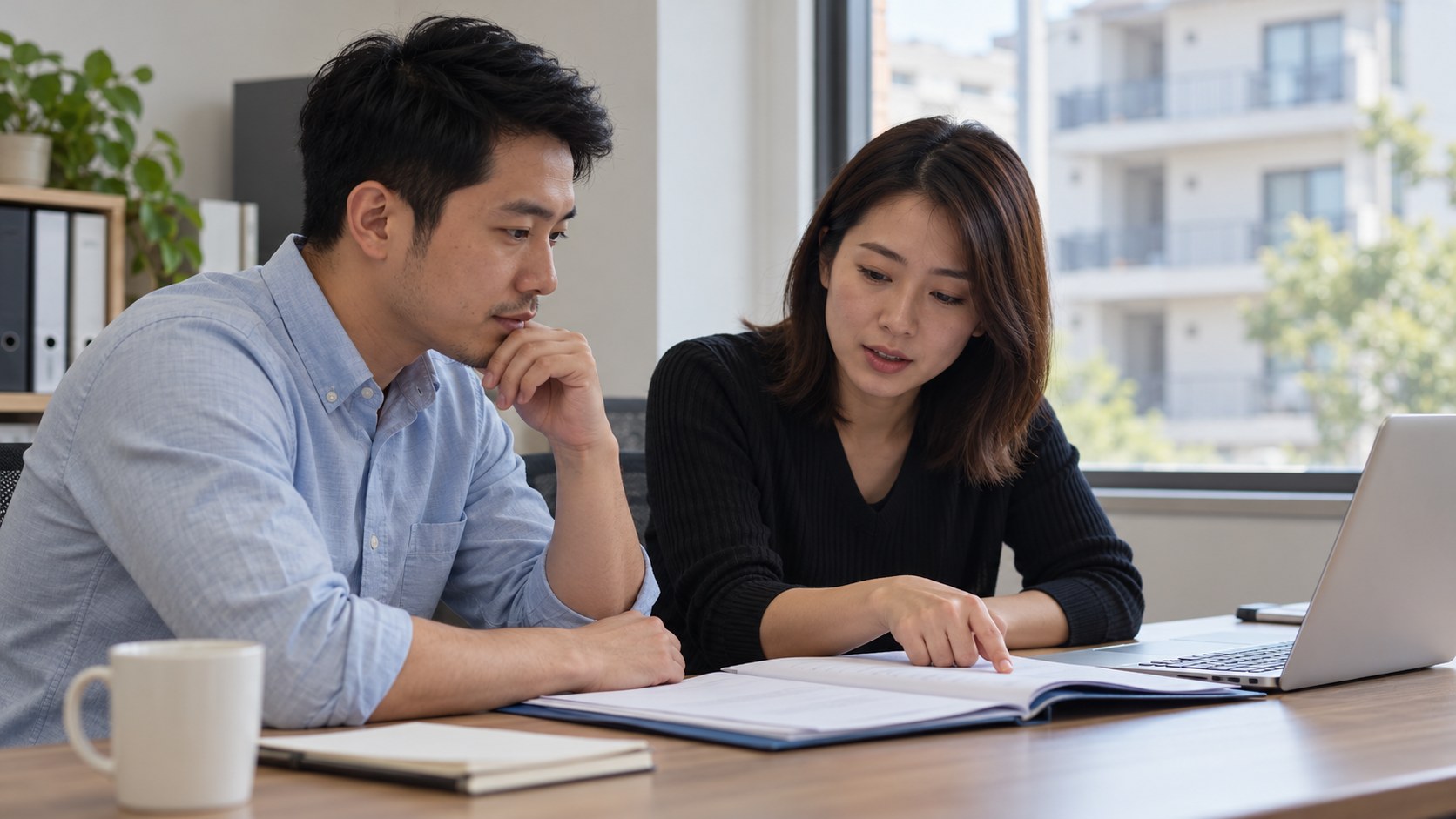 Two property professionals review a folder at an office desk beside a laptop.
